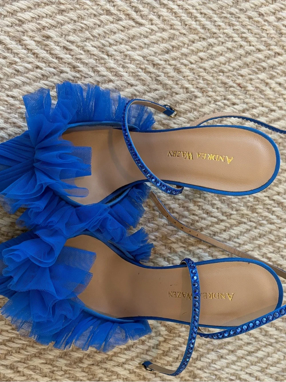 Like New! Andrea Wazen Blue Tulle Ruffle Ankle-Strap Stiletto Heels | Size 36.5